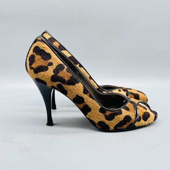 Stuart Weitzman Shoes Womens 5.5 Brown Calf Hair Leather Pumps Leopard Peep Toe - Picture 1 of 12